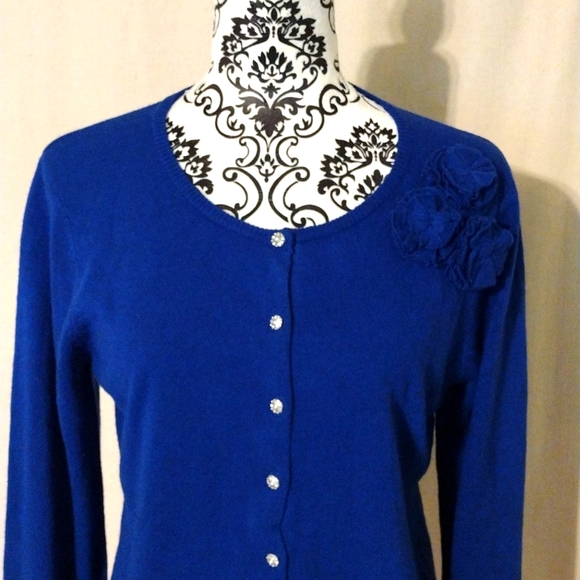 DressBarn Blue Button-up Cardigan Sweater Rosettes Bling Buttons Sz PL - Picture 2 of 9